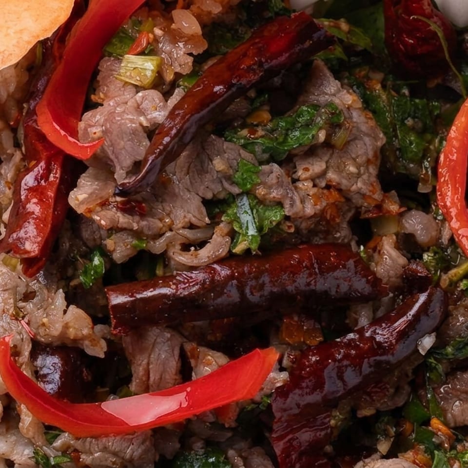 Close-up of spicy stir-fried beef with dried red chilies, fresh red pepper slices, herbs, garlic, and crispy garnish.