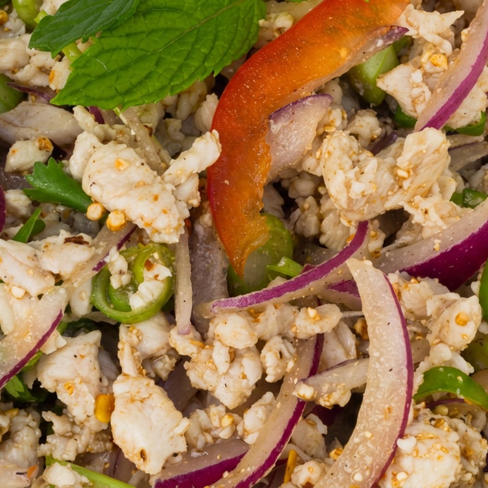 Close-up of spicy minced chicken salad with red onion, chilies, mint, cilantro, and sliced red pepper.