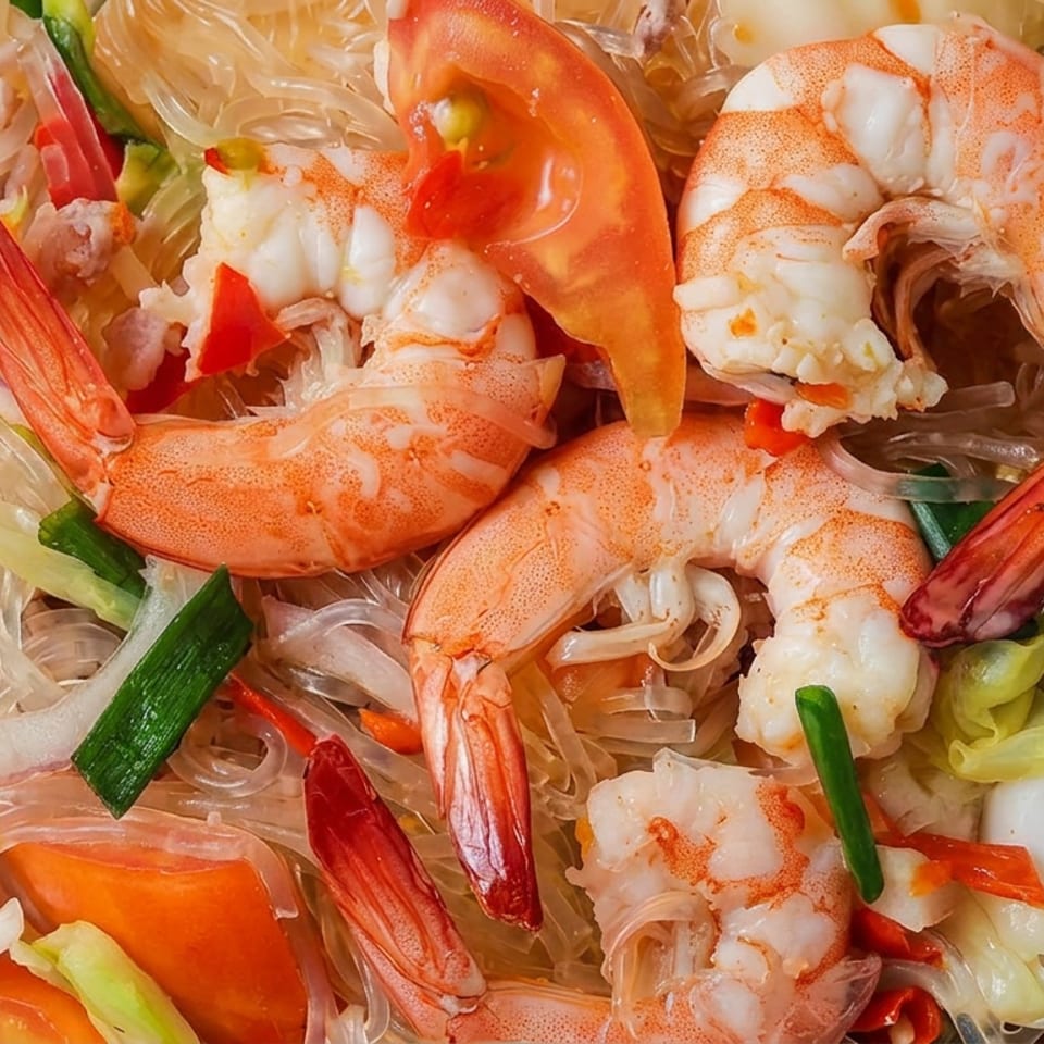 Close-up of a colorful seafood glass-noodle salad with shrimp, squid, vegetables, tomatoes, and minced meat.